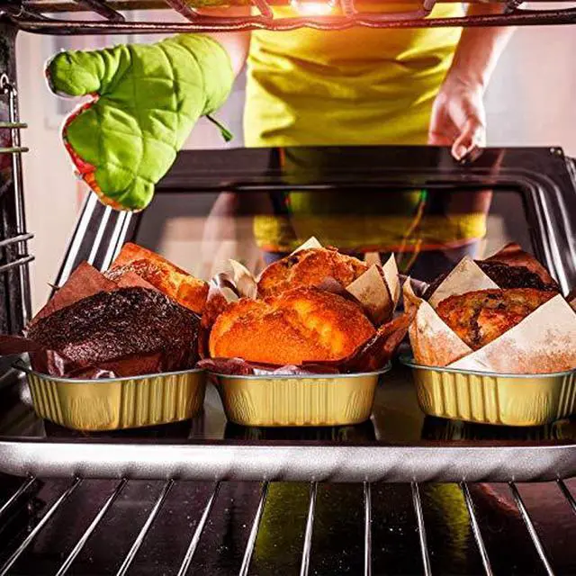 Alt view image 3 of 5 - 40 Sets Square Aluminum Foil Cake Pan 130 ml/ 4.4 Ounces Mini Disposable Dessert Cupcake Cup Pan with Lids Flan Baking Cups for Wedding Birthday Party(Golden)