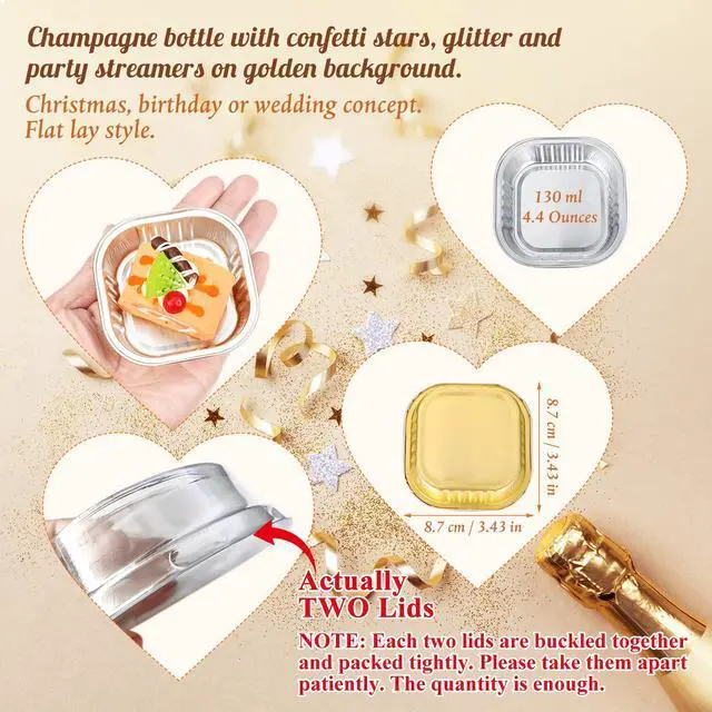 Alt view image 2 of 5 - 40 Sets Square Aluminum Foil Cake Pan 130 ml/ 4.4 Ounces Mini Disposable Dessert Cupcake Cup Pan with Lids Flan Baking Cups for Wedding Birthday Party(Golden)