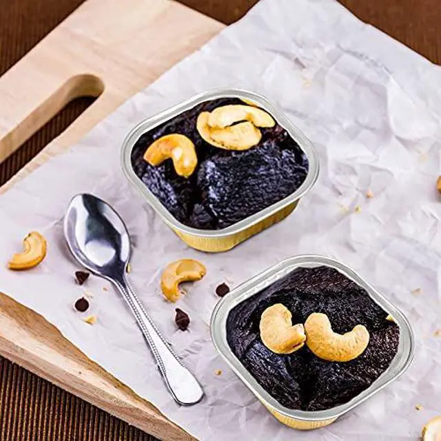 Alt view image 4 of 5 - 40 Sets Square Aluminum Foil Cake Pan 130 ml/ 4.4 Ounces Mini Disposable Dessert Cupcake Cup Pan with Lids Flan Baking Cups for Wedding Birthday Party(Golden)