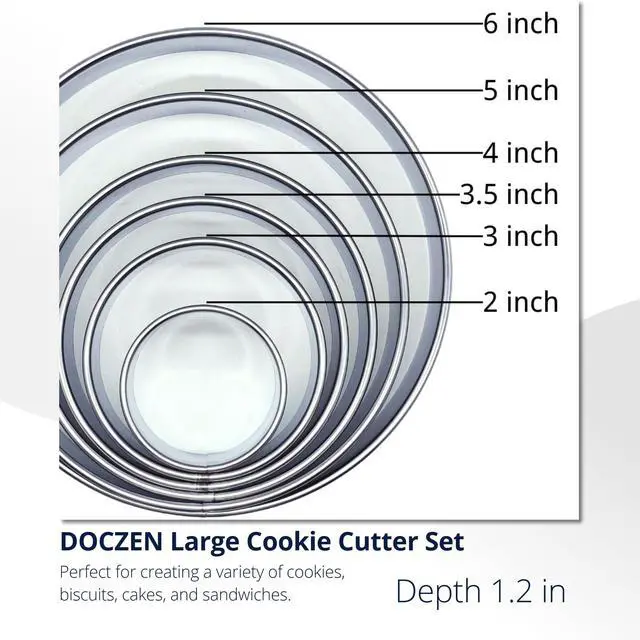 Alt view image 2 of 7 - Large Round Cookie Cutter 6 PCS (2, 3, 3.5, 4, 5, 6 Inch) Set, 6-Piece Stainless Steel Biscuit Cutters, Heavy Duty Metal Ring Mold for Burger Press & Meat Shaping, Tortilla Crust