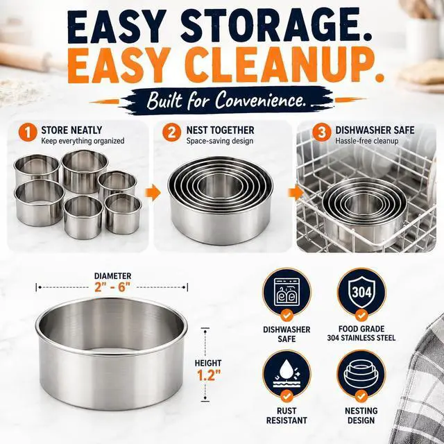 Alt view image 7 of 7 - Large Round Cookie Cutter 6 PCS (2, 3, 3.5, 4, 5, 6 Inch) Set, 6-Piece Stainless Steel Biscuit Cutters, Heavy Duty Metal Ring Mold for Burger Press & Meat Shaping, Tortilla Crust
