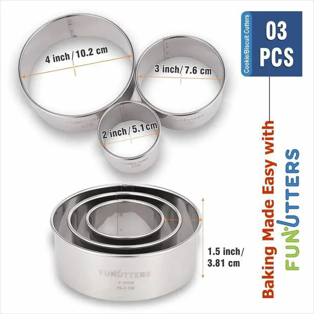 Alt view image 2 of 7 - Cookie Cutter Set, 3 Pc Kit, Measuring 2'', 3'', and 4'', Round Metal Baking Rings for Pastry, Biscuits, and Dough Cutting, Heavy Duty and Reusable, Multiple Sizes
