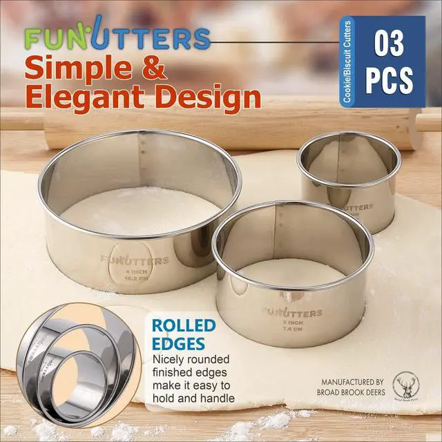 Alt view image 4 of 7 - Cookie Cutter Set, 3 Pc Kit, Measuring 2'', 3'', and 4'', Round Metal Baking Rings for Pastry, Biscuits, and Dough Cutting, Heavy Duty and Reusable, Multiple Sizes