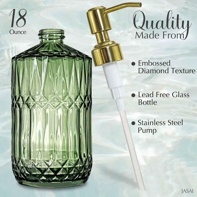 Alt view image 2 of 7 - 18Oz Green Glass Soap Dispenser with Gold Rust Proof Pump, Refillable Kitchen soap Dispenser for Dish Soap, Soap Dispenser Bathroom for Hand soap, Lotion, Body Wash.