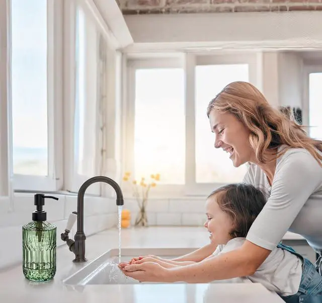 Alt view image 4 of 7 - 18Oz Green Soap Dispenser with Black Rust Proof Pump, Refillable Kitchen soap Dispenser with Thick Glass, Soap Dispenser Bathroom for Hand soap, Dish Soap, Lotion, Body Wash.