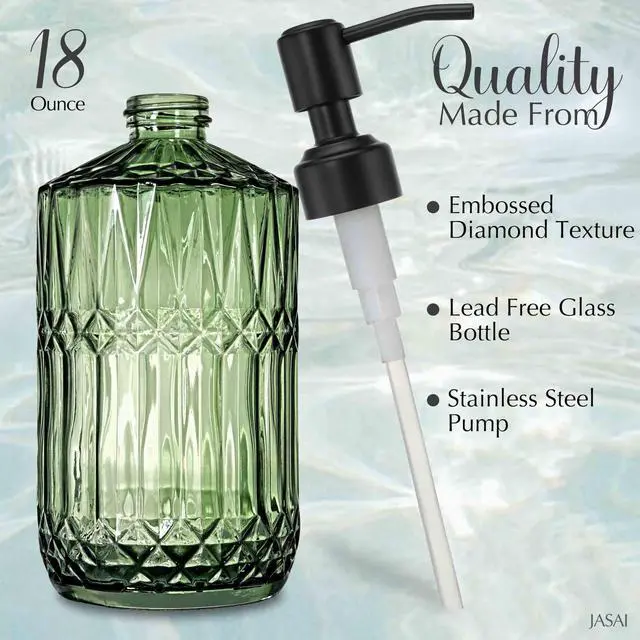 Alt view image 2 of 7 - 18Oz Green Soap Dispenser with Black Rust Proof Pump, Refillable Kitchen soap Dispenser with Thick Glass, Soap Dispenser Bathroom for Hand soap, Dish Soap, Lotion, Body Wash.