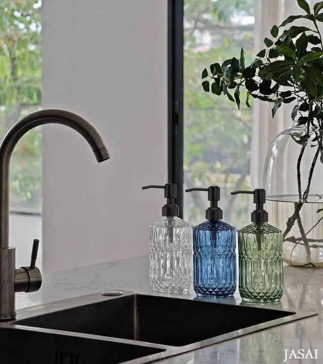 Alt view image 7 of 7 - 18Oz Green Soap Dispenser with Black Rust Proof Pump, Refillable Kitchen soap Dispenser with Thick Glass, Soap Dispenser Bathroom for Hand soap, Dish Soap, Lotion, Body Wash.