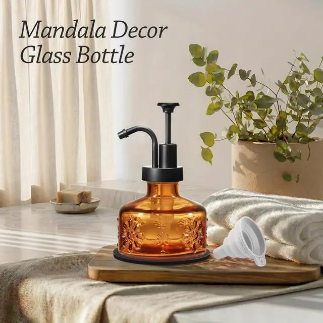 Alt view image 2 of 7 - 8 Oz Vintage Glass Soap Dispenser with Black Pump, Refillable Liquid Dispenser for Kitchen & Bathroom, Rustic Hand Dish Soap Liquid Container(Amber-Black Pump)