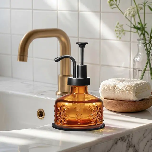 Alt view image 6 of 7 - 8 Oz Vintage Glass Soap Dispenser with Black Pump, Refillable Liquid Dispenser for Kitchen & Bathroom, Rustic Hand Dish Soap Liquid Container(Amber-Black Pump)