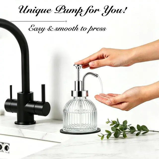 Alt view image 2 of 7 - 8 Oz Glass Soap Dispenser Bathroom, Clear Liquid Hand Soap Dispenser with Pump, Refillable Dish Soap Dispenser for Kitchen, Cute Modern Stripes Lotion Bottle, Shampoo (Silver Pump, 1 Pack)