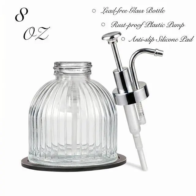 Alt view image 6 of 7 - 8 Oz Glass Soap Dispenser Bathroom, Clear Liquid Hand Soap Dispenser with Pump, Refillable Dish Soap Dispenser for Kitchen, Cute Modern Stripes Lotion Bottle, Shampoo (Silver Pump, 1 Pack)