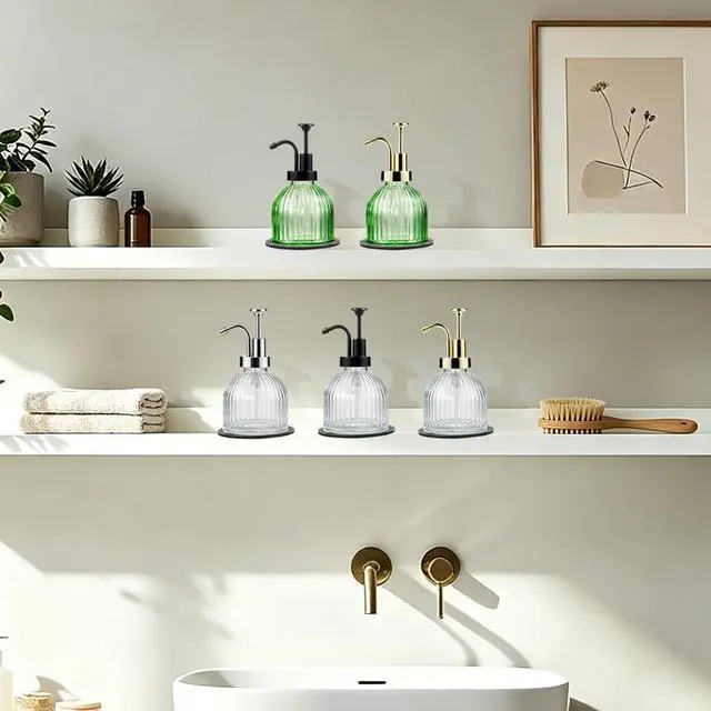 Alt view image 7 of 7 - 8 Oz Glass Soap Dispenser Bathroom, Clear Liquid Hand Soap Dispenser with Pump, Refillable Dish Soap Dispenser for Kitchen, Cute Modern Stripes Lotion Bottle, Shampoo (Silver Pump, 1 Pack)