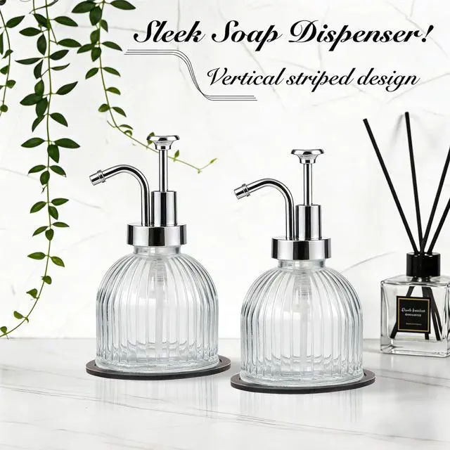 Alt view image 4 of 7 - 8 Oz Glass Soap Dispenser Bathroom, Clear Liquid Hand Soap Dispenser with Pump, Refillable Dish Soap Dispenser for Kitchen, Cute Modern Stripes Lotion Bottle, Shampoo (Silver Pump, 1 Pack)