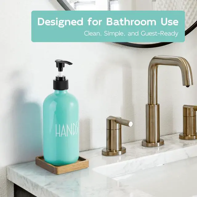 Alt view image 2 of 7 - Turquoise Glass Hand Soap Dispenser with Acacia Wood Tray, 16 oz Refillable Hand Soap Pump Bottle, Decorative Teal Countertop Soap Dispenser Set for Kitchen, Bathroom, Restaurant