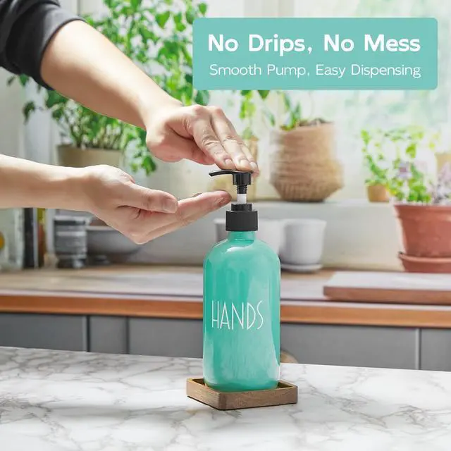 Alt view image 3 of 7 - Turquoise Glass Hand Soap Dispenser with Acacia Wood Tray, 16 oz Refillable Hand Soap Pump Bottle, Decorative Teal Countertop Soap Dispenser Set for Kitchen, Bathroom, Restaurant