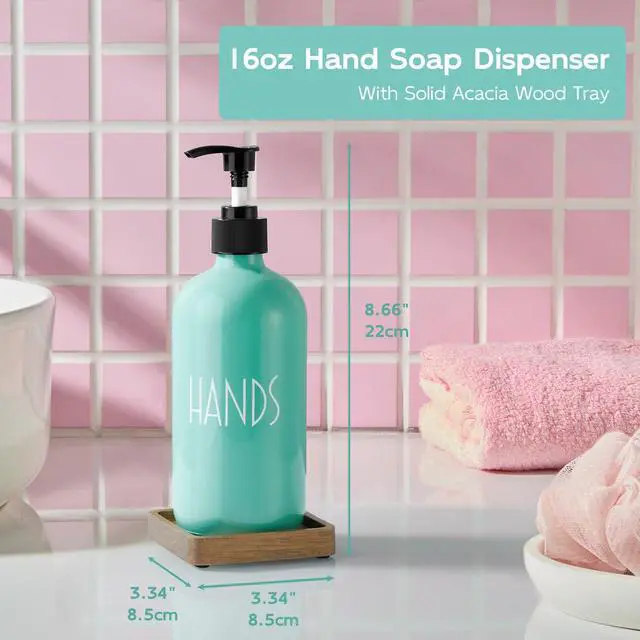 Alt view image 5 of 7 - Turquoise Glass Hand Soap Dispenser with Acacia Wood Tray, 16 oz Refillable Hand Soap Pump Bottle, Decorative Teal Countertop Soap Dispenser Set for Kitchen, Bathroom, Restaurant