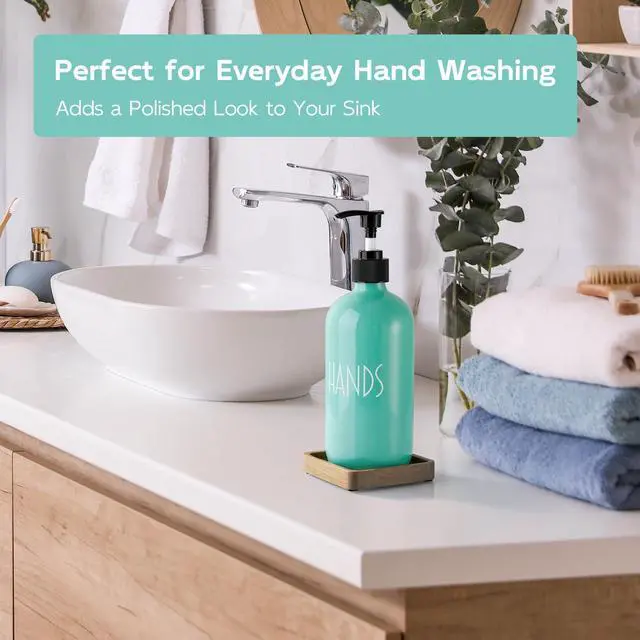 Alt view image 6 of 7 - Turquoise Glass Hand Soap Dispenser with Acacia Wood Tray, 16 oz Refillable Hand Soap Pump Bottle, Decorative Teal Countertop Soap Dispenser Set for Kitchen, Bathroom, Restaurant