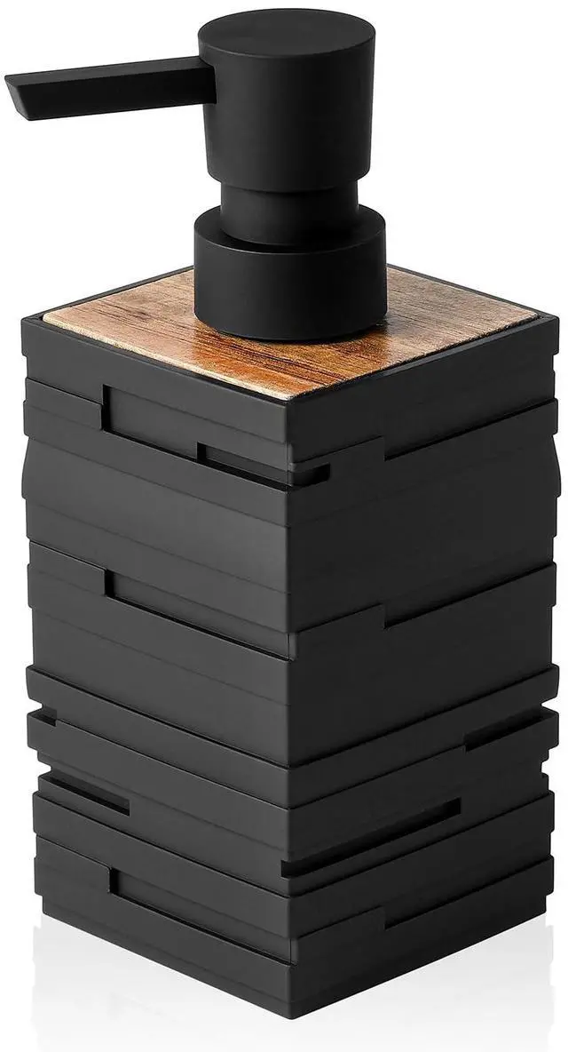 Main image of Matte Black Teak Wood Hand Soap Dispenser 10 oz Square for Bathroom and Kitchen Countertops