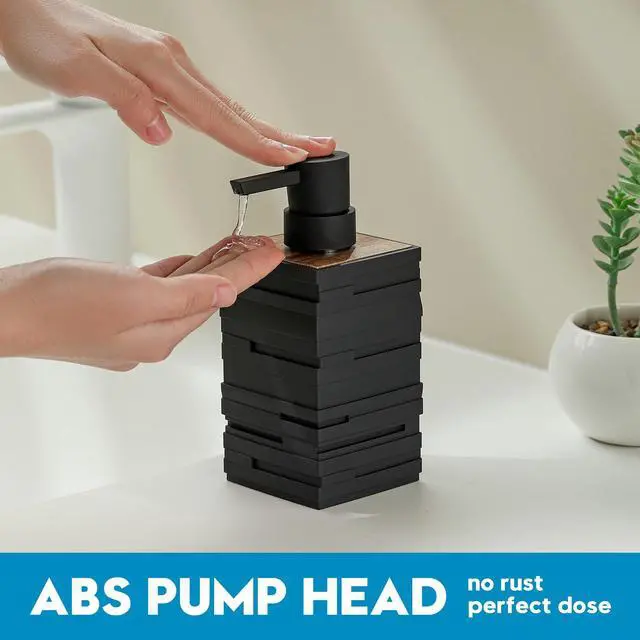 Alt view image 2 of 7 - Matte Black Teak Wood Hand Soap Dispenser 10 oz Square for Bathroom and Kitchen Countertops