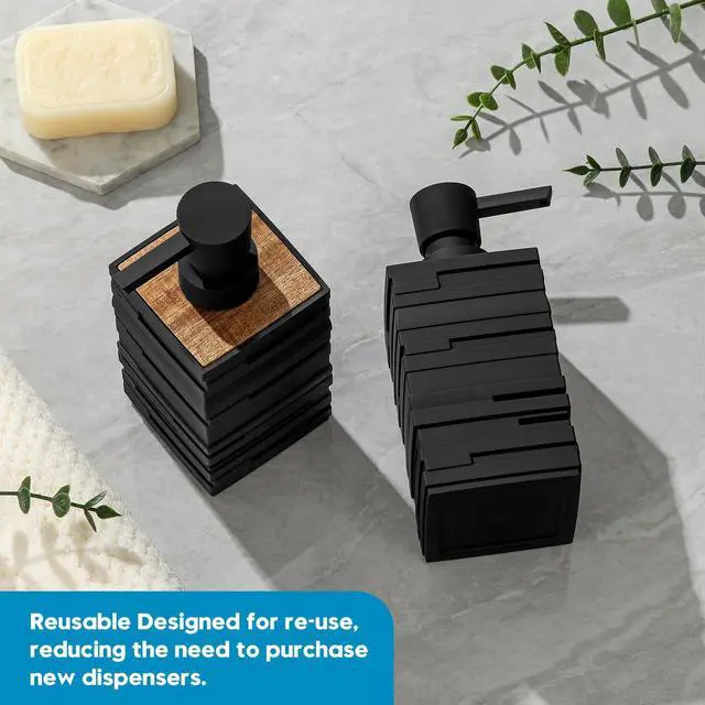 Alt view image 4 of 7 - Matte Black Teak Wood Hand Soap Dispenser 10 oz Square for Bathroom and Kitchen Countertops