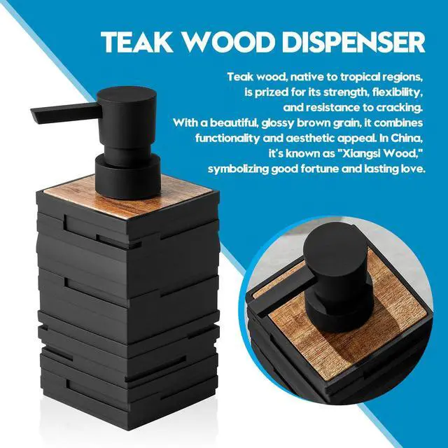 Alt view image 5 of 7 - Matte Black Teak Wood Hand Soap Dispenser 10 oz Square for Bathroom and Kitchen Countertops