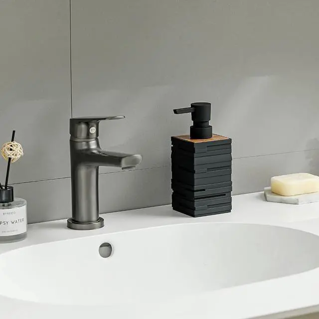 Alt view image 7 of 7 - Matte Black Teak Wood Hand Soap Dispenser 10 oz Square for Bathroom and Kitchen Countertops