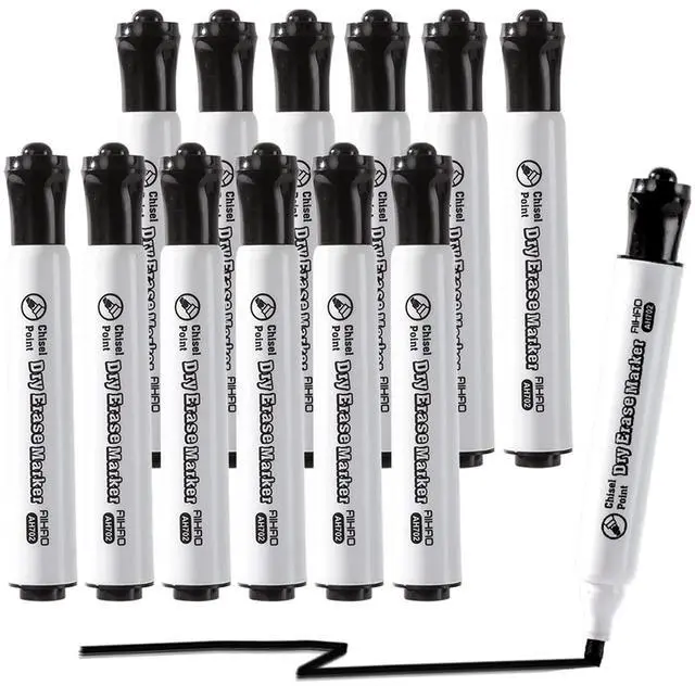 Main image of Black Dry Erase Markers, Chisel Tip Marker, Low Odor, Pack of 12, Large Ink Supply, Use on Whiteboards, Glass and Non-porous Surfaces; Ideal for School, Offices and Homes