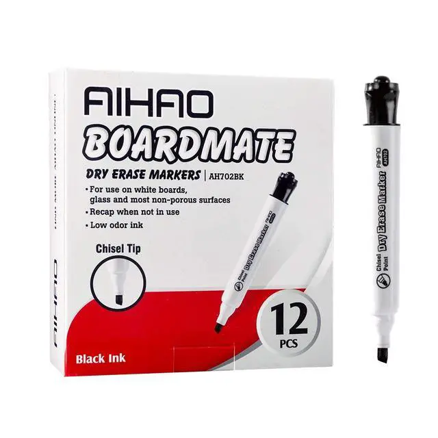 Alt view image 2 of 6 - Black Dry Erase Markers, Chisel Tip Marker, Low Odor, Pack of 12, Large Ink Supply, Use on Whiteboards, Glass and Non-porous Surfaces; Ideal for School, Offices and Homes