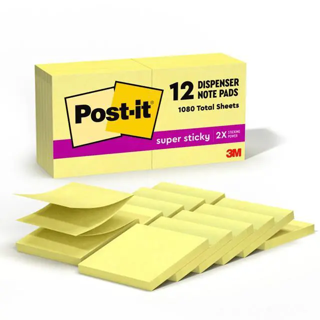 Main image of Super Sticky Dispenser Pop-up Notes, 12 Sticky Note Pads, 3 x 3 in., 2X the Sticking Power, Back to School Supplies for Students, Memo Pads for Textbooks, Canary Yellow