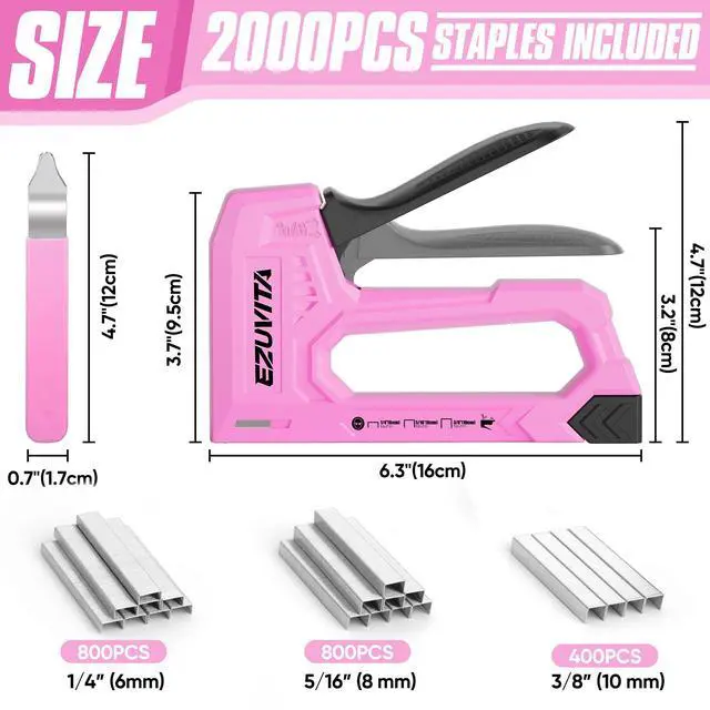 Alt view image 2 of 7 - Light Duty Staple Gun for Wood, Pink Upholstery Staple Gun Kit with 2000pcs JT21 Staples 1/4, 5/16, 3/8 inch and Staple Remover, Stapler Gun for Crafts, DIY, Classroom, Fathers Day Gift