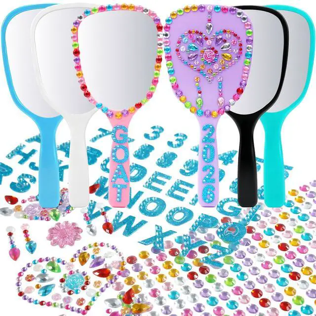 Main image of Small Handheld Mirror with Handle Bulk Princess Mirror with Gem Rhinestone Stickers Mini Travel Makeup Mirror for Kids DIY Crafts Girls Party Favors (6, Bright Color)