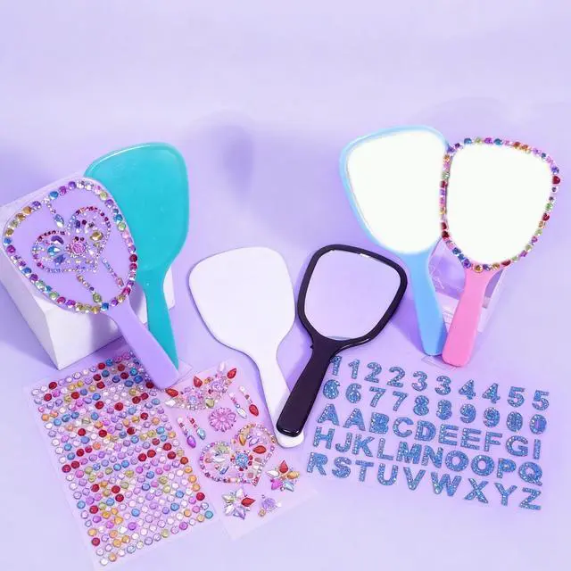 Alt view image 2 of 6 - Small Handheld Mirror with Handle Bulk Princess Mirror with Gem Rhinestone Stickers Mini Travel Makeup Mirror for Kids DIY Crafts Girls Party Favors (6, Bright Color)