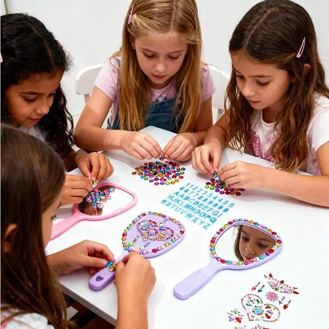 Alt view image 6 of 6 - Small Handheld Mirror with Handle Bulk Princess Mirror with Gem Rhinestone Stickers Mini Travel Makeup Mirror for Kids DIY Crafts Girls Party Favors (6, Bright Color)