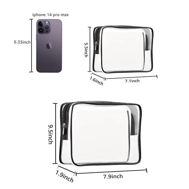 Alt view image 2 of 6 - 2Pcs Crystal Clear PVC Travel Toiletry Bag Kit for Women Men, Waterproof Vinyl Packing Organizer Storage Bags with Zipper Handle Straps, Cosmetic Pouch Carry on Airport Airline Compliant Bag Handbag