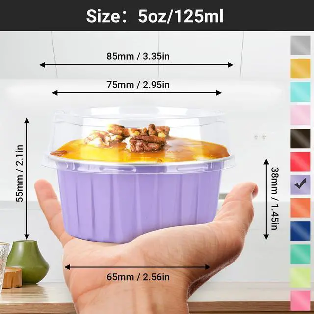 Alt view image 2 of 6 - Cupcake Liners, 30pcs 5oz Mini Cake Pans Aluminum Foil Baking Cups with Lids, Cheesecake Muffin Cups, Disposable Dessert Containers Tin for Flan Creme Brulee Souffle Custard Pudding