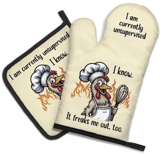 Main image of I Am Currently Unsupervised I Know It Freaks Me Out Too Funny Oven Mitts and Pot Holder Set, Funny Chicken Lover Gifts, Humor Sarcastic Baking Gifts for Men Women Animal Lover Friend Dad