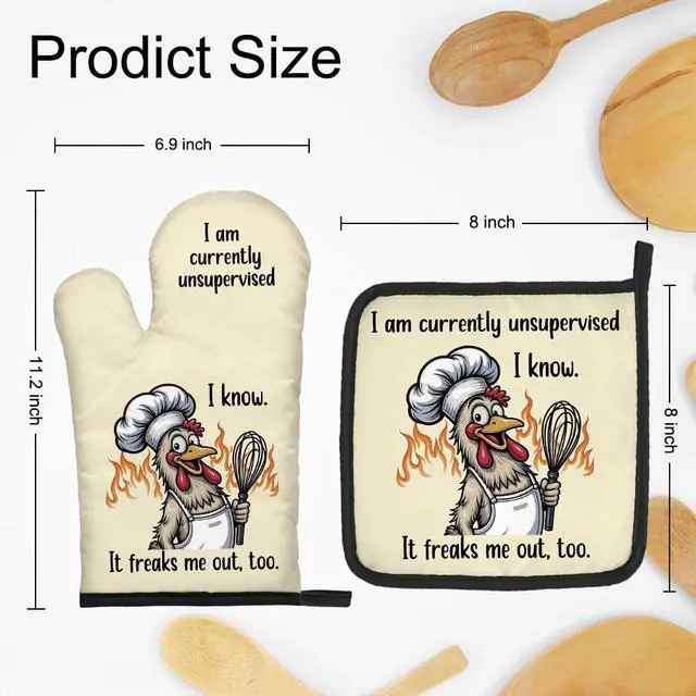 Alt view image 2 of 6 - I Am Currently Unsupervised I Know It Freaks Me Out Too Funny Oven Mitts and Pot Holder Set, Funny Chicken Lover Gifts, Humor Sarcastic Baking Gifts for Men Women Animal Lover Friend Dad