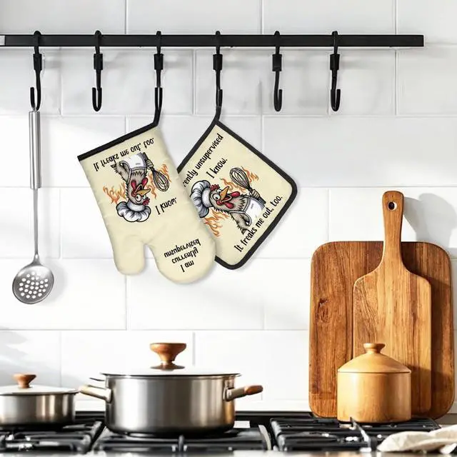 Alt view image 4 of 6 - I Am Currently Unsupervised I Know It Freaks Me Out Too Funny Oven Mitts and Pot Holder Set, Funny Chicken Lover Gifts, Humor Sarcastic Baking Gifts for Men Women Animal Lover Friend Dad