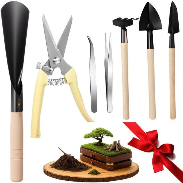 Main image of 7 Pcs Bonsai Tree Kit Garden Bonsai Tools Set Includes Pruning Shears, Mini Rake, Flat Tip Shovel, Pointed Shovel, Spade, Tweezers Gardening Accessories Gift for Beginner Mother Women Men