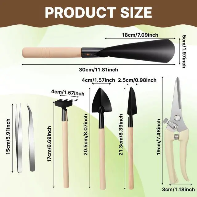 Alt view image 2 of 7 - 7 Pcs Bonsai Tree Kit Garden Bonsai Tools Set Includes Pruning Shears, Mini Rake, Flat Tip Shovel, Pointed Shovel, Spade, Tweezers Gardening Accessories Gift for Beginner Mother Women Men