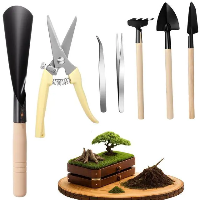 Alt view image 7 of 7 - 7 Pcs Bonsai Tree Kit Garden Bonsai Tools Set Includes Pruning Shears, Mini Rake, Flat Tip Shovel, Pointed Shovel, Spade, Tweezers Gardening Accessories Gift for Beginner Mother Women Men