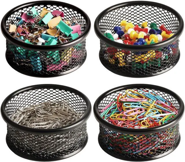 Main image of Paper Clip Holder, Paperclip Holders for Desk, Mesh Paper Clip Holder for Desk Binder Wire Mesh Bowls, Paper Clip Dispenser Organizer for Holding Small Parts Office Accessories Black 4 Pack