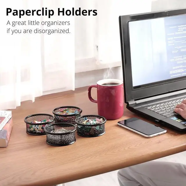Alt view image 6 of 7 - Paper Clip Holder, Paperclip Holders for Desk, Mesh Paper Clip Holder for Desk Binder Wire Mesh Bowls, Paper Clip Dispenser Organizer for Holding Small Parts Office Accessories Black 4 Pack
