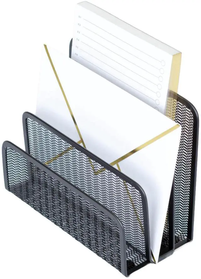 Main image of Black Metal Mesh Letter Sorter | 3-Slot Mail Organizer for Desk, Office & Home | Vertical File & Envelope Holder with Non-Slip Base | Space-Saving Desktop Mail Organizer