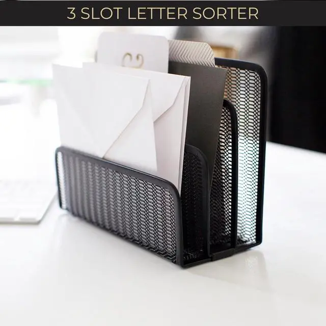 Alt view image 4 of 6 - Black Metal Mesh Letter Sorter | 3-Slot Mail Organizer for Desk, Office & Home | Vertical File & Envelope Holder with Non-Slip Base | Space-Saving Desktop Mail Organizer