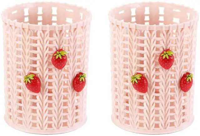Main image of Pencil Holder, 2 Pack Plastic Pen Holder for Desk Cute Pencil Holders Strawberry Cup Organizer Mesh Makeup Brush Holder Stationery Storage, Pink