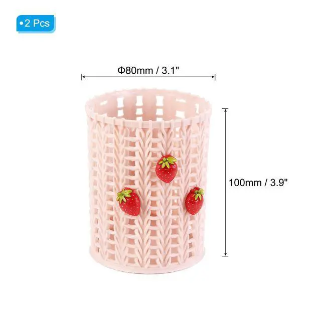 Alt view image 2 of 5 - Pencil Holder, 2 Pack Plastic Pen Holder for Desk Cute Pencil Holders Strawberry Cup Organizer Mesh Makeup Brush Holder Stationery Storage, Pink