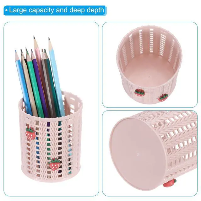 Alt view image 3 of 5 - Pencil Holder, 2 Pack Plastic Pen Holder for Desk Cute Pencil Holders Strawberry Cup Organizer Mesh Makeup Brush Holder Stationery Storage, Pink