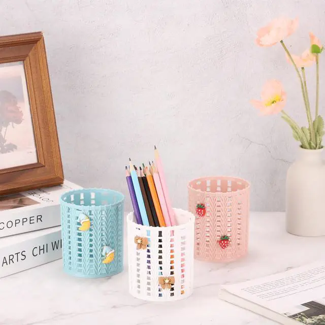 Alt view image 4 of 5 - Pencil Holder, 2 Pack Plastic Pen Holder for Desk Cute Pencil Holders Strawberry Cup Organizer Mesh Makeup Brush Holder Stationery Storage, Pink