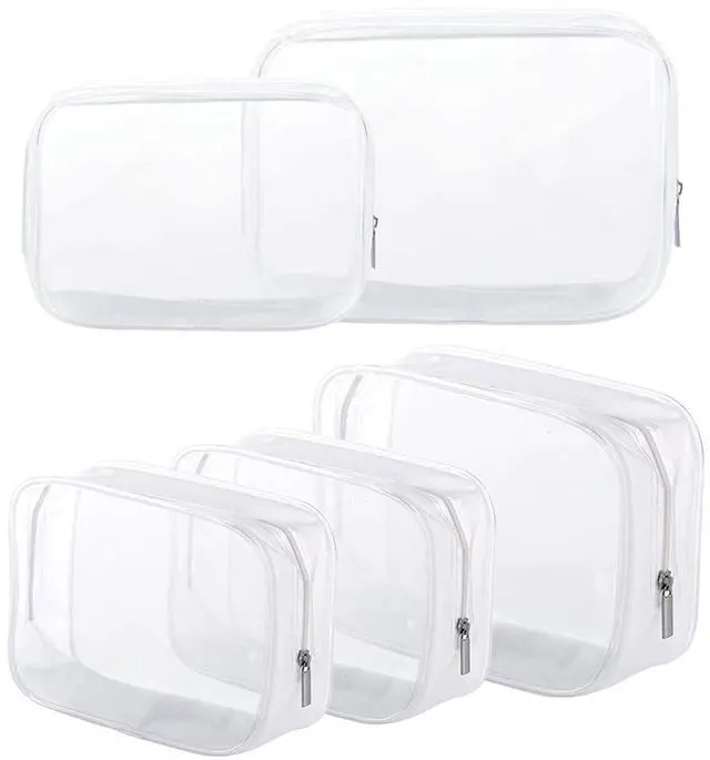 Main image of 5 Pack Clear Plastic Zippered Toiletry Carry Pouch White Small/Large